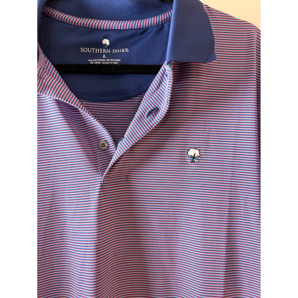 Southern Shirt Polo Men Large Blue Pink Excellent Micro Stripe Performance Golf